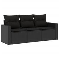3-delige Loungeset met kussens poly rattan zwart - thumbnail