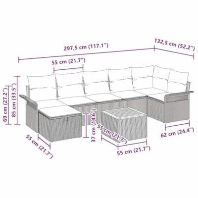 Tuinbankenset met kussen met opslag 8 pcs Beige Poly riet