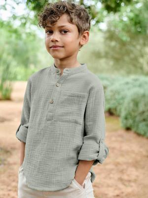 Jongensoverhemd van katoengaas met oprolbare mouwen blauwgroen