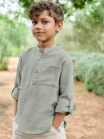 Jongensoverhemd van katoengaas met oprolbare mouwen blauwgroen - thumbnail