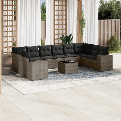 10-delige Loungeset met kussens poly rattan grijs