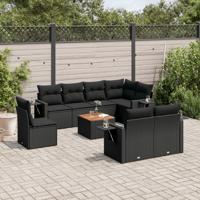 9-delige Loungeset met kussens poly rattan zwart - thumbnail