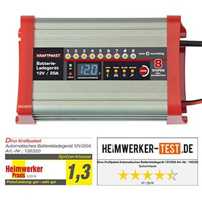 Dino KRAFTPAKET KFZ Batterieladegerät 20A-12V mit Camping-, Nacht-und Memory-Speicher Druppellader 12 V 20 A