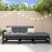 3-delige Loungeset met kussens massief hout zwart - thumbnail
