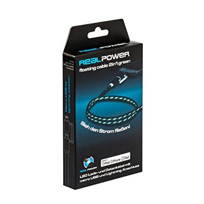 RealPower 185962 LED drijvende kabel 2in1, LED oplaad- en datakabel met micro-USB en Lightning, voor Android smartphones en andere, (zwart/groene LEDs)