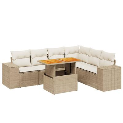 7-delige Loungeset met kussens poly rattan beige