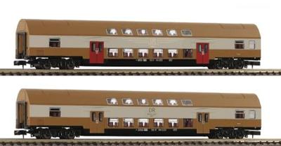 Fleischmann 6260075 N set van 2: Dubbeldeksrijtuig DBmue van de DR Fleischmann 6260075 N set van 2: Dubbeldeksrijtuig DBmue van de DR