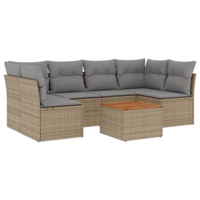 7-delige Loungeset met kussens poly rattan beige