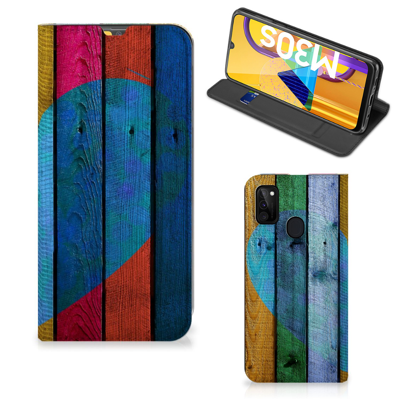 Samsung Galaxy M30s | M21 Book Wallet Case Wood Heart - Cadeau voor je Vriend Samsung Galaxy M30s | M21 Book Wallet Case Wood Heart - Cadeau voor je Vriend