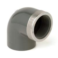 Knie 90° lijm x binnendraad met RVS ring 20 mm x ½" - thumbnail