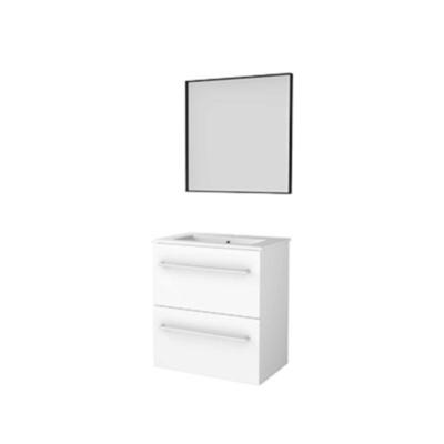 Basic-Line Framed 39 Badkamermeubelset - Ondiep - 60 x 39 cm - Met Grepen - 2 Lades - Keramische Wastafel - 1 Kraangat - Spiegel met Zwart Aluminium Frame - Ice White