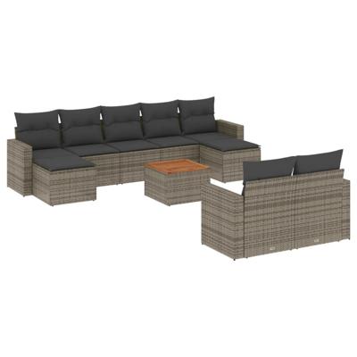 10-delige Loungeset met kussens poly rattan grijs