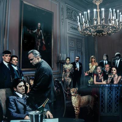 Glasschilderij - Gangsters Verzameld, Marlon Brando, Al Pacino, Samual L Jackson, John Travolta e.v.a