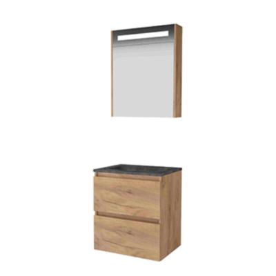 Basic-Line Premium 46 Badkamermeubelset - 60 x 46 cm - Greeploos - 2 Lades - Hardstenen Wastafel - 1 Kraangat - Spiegelkast met LED Verlichting - Whisky Oak