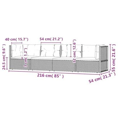 4-delige Loungeset met kussens poly rattan zwart