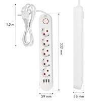 Maclean stekkerdoos, 5-polige verlengkabel + 3xUSB, 110-240V AC 50/60Hz, 2,1A max 2500W, 1,5m, wit, MCE395 W - thumbnail