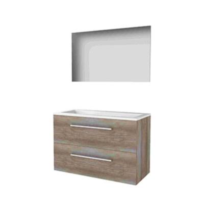 Basic-Line Basic 46 Badkamermeubelset - 100 x 46 cm - Met Grepen - 2 Lades - Acryl Wastafel - Zonder Kraangat - Spiegel - Scotch Oak