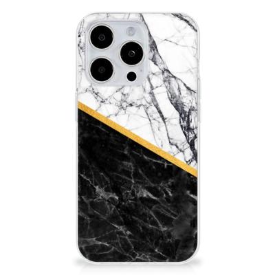 iPhone 15 Pro Max | TPU | Siliconen hoesje | Marmer Wit Zwart - Origineel Cadeau Man