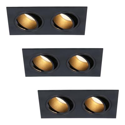 Set van 3 Mallorca LED inbouwspot - IP20 - Kantelbaar - 8 watt 690 lumen - 2700K Warm wit - Dubbel - GU10 - Dimbaar - Rechthoek - Voor binnen - Zwart