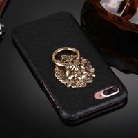 iPhone 7 Plus & 8 Plus Slangenhuid structuur Kunststof + PU leren back cover Hoesje met leeuw ring houder (zwart) - thumbnail