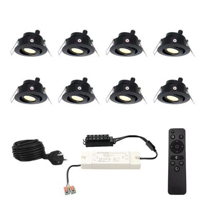 Set met 8 Sienna 12V inbouwspots - 3 Watt 200 lumen - 2700K warm wit - Zwart - IP44 waterdicht - kantelbaar - verandaspots - met afstandsbediening Set met 8 Sienna 12V inbouwspots - 3 Watt 200 lumen - 2700K warm wit - Zwart - IP44 waterdicht - kantelbaar - verandaspots - met afstandsbediening