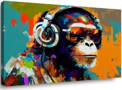 Schilderij - Aap met Koptelefoon, Multi gekleurd, 80X60cm, 1luik
