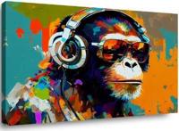 Schilderij - Aap met Koptelefoon, Multi gekleurd, 80X60cm, 1luik - thumbnail