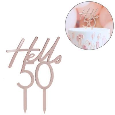 Ginger Ray taarttopper hello 50 roségoudkleurig 13 cm | 20 stuks