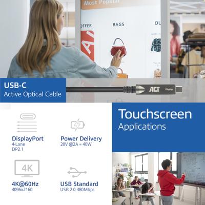 ACT USB-C 3.2 Gen2 Active Optical Cable (AOC) Touchpanel video/data/power 15m