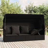 Loungebed met luifel en kussens poly rattan zwart - thumbnail