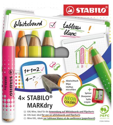 Whiteboardpotlood stabilo markdry 4st neon kleuren | 10 stuks