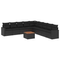 10-delige Loungeset met kussens poly rattan zwart - thumbnail
