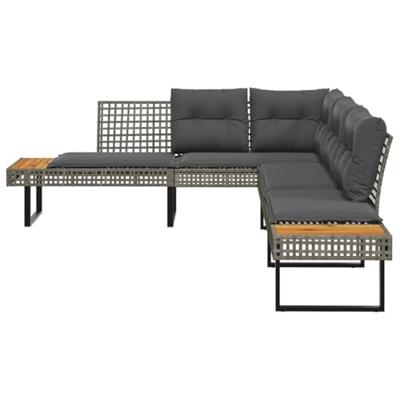 Tuinbank met kussens L-vormig poly rattan en acaciahout grijs