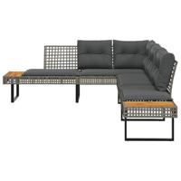 Tuinbank met kussens L-vormig poly rattan en acaciahout grijs - thumbnail