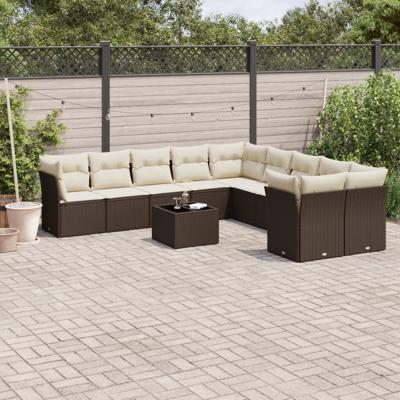 11-delige Loungeset met kussens poly rattan bruin - thumbnail