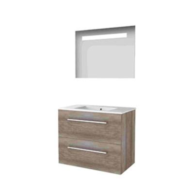 Basic-Line Economic 46 Badkamermeubelset - 80 x 46 cm - Met Grepen - 2 Lades - Keramische Wastafel - 1 Kraangat - Spiegel met LED Verlichting - Scotch Oak