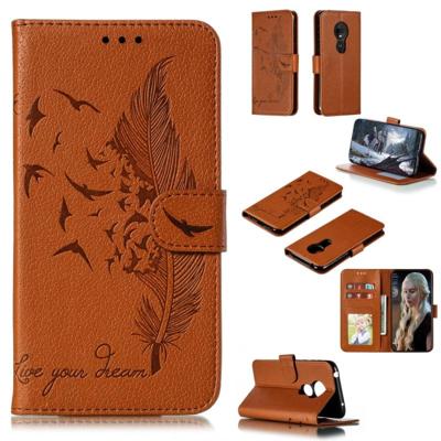 Feather patroon Litchi textuur horizontale Flip lederen draagtas met portemonnee & houder & kaartsleuven voor Motorola Moto G7 Play (bruin)