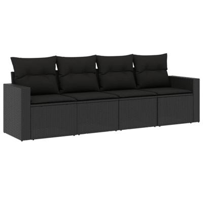 4-delige Loungeset met kussens poly rattan zwart