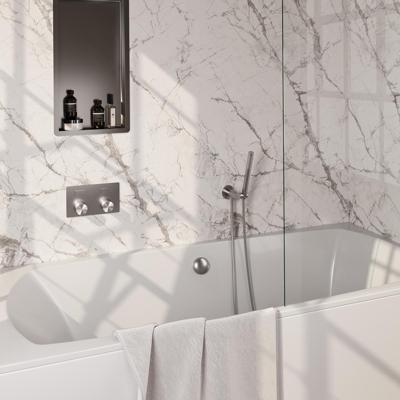Brauer Brushed Carving Thermostatische Inbouw Badkraan Drukknoppen - Badvulcombinatie - Staaf - Doucheslang - Wandaansluitbocht - Handdouche - Rvs Geborsteld Pvd