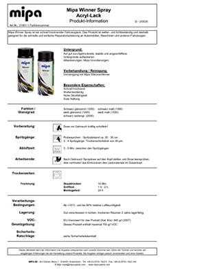 Mipa fahrzeuglack "winner " acrylic lacquer black glo 400 ml Mipa fahrzeuglack "winner " acrylic lacquer black glo 400 ml
