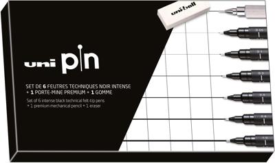 Uni Pin fineliner, ronde punt, zwart, doos van 6 stiften + vulpotlood en gom Uni Pin fineliner, ronde punt, zwart, doos van 6 stiften + vulpotlood en gom
