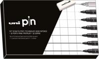 Uni Pin fineliner, ronde punt, zwart, doos van 6 stiften + vulpotlood en gom - thumbnail