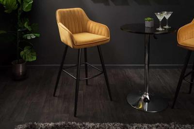 Elegante barkruk TURIN mosterdgeel fluweel met decoratieve doorgestikte barstoel met armleuning - 40437