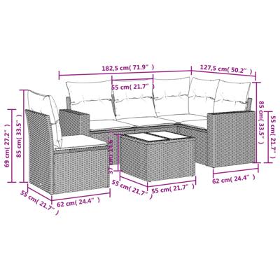 6-delige Loungeset met kussens poly rattan grijs