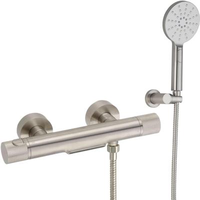 Ben Engraved Cross thermostatische badkraan met 3 straalsoorten handdouche en watervaluitloop RVS-look