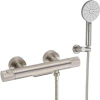 Ben Engraved Cross thermostatische badkraan met 3 straalsoorten handdouche en watervaluitloop RVS-look - thumbnail