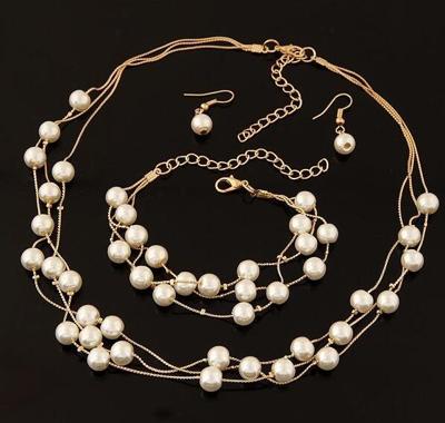 Pearl Multi-Layer temperament ketting oorbel Armband set metalen kleur: goud