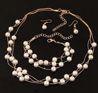 Pearl Multi-Layer temperament ketting oorbel Armband set metalen kleur: goud - thumbnail