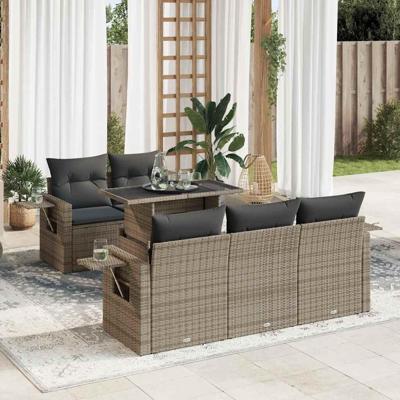 6-delige Loungeset met kussens poly rattan grijs