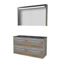 Basic-Line Premium 46 Badkamermeubelset - 120 x 46 cm - Met Grepen - 4 Lades - Hardstenen Wastafel - Zonder Kraangat - Spiegelkast met LED Verlichting - Scotch Oak - thumbnail